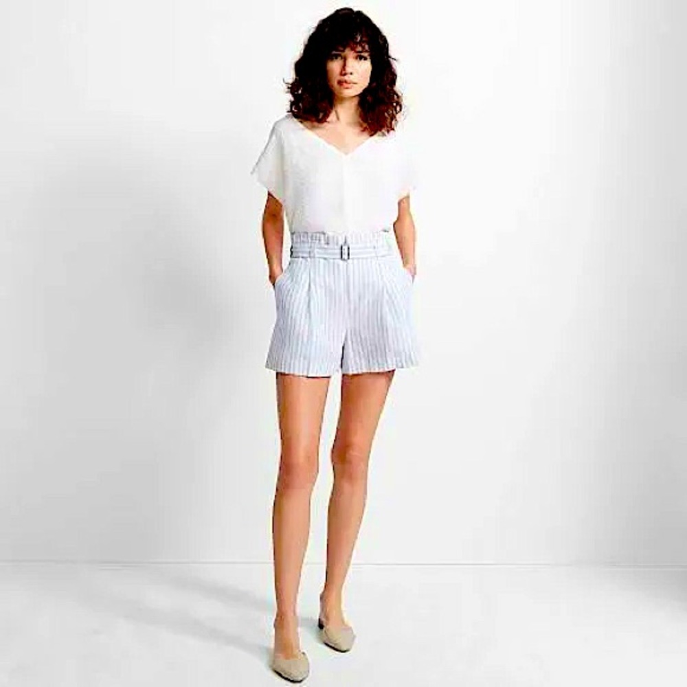 Club Monaco - Light Blue and White Striped Paper Bag Shorts